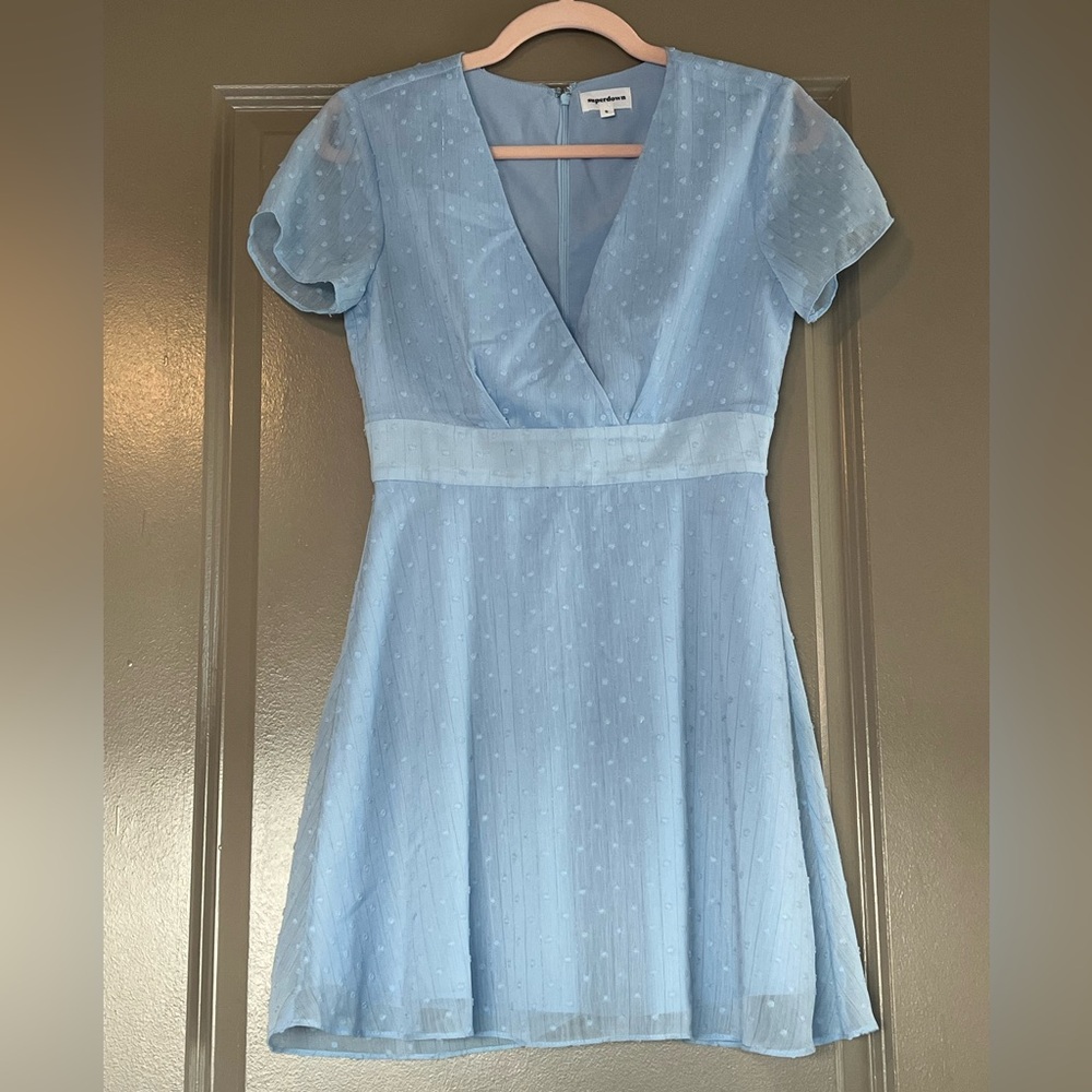 Revolve Superdown Bree Swiss Dot Mini Dress Blue V Neck Fit & Flare Size Small